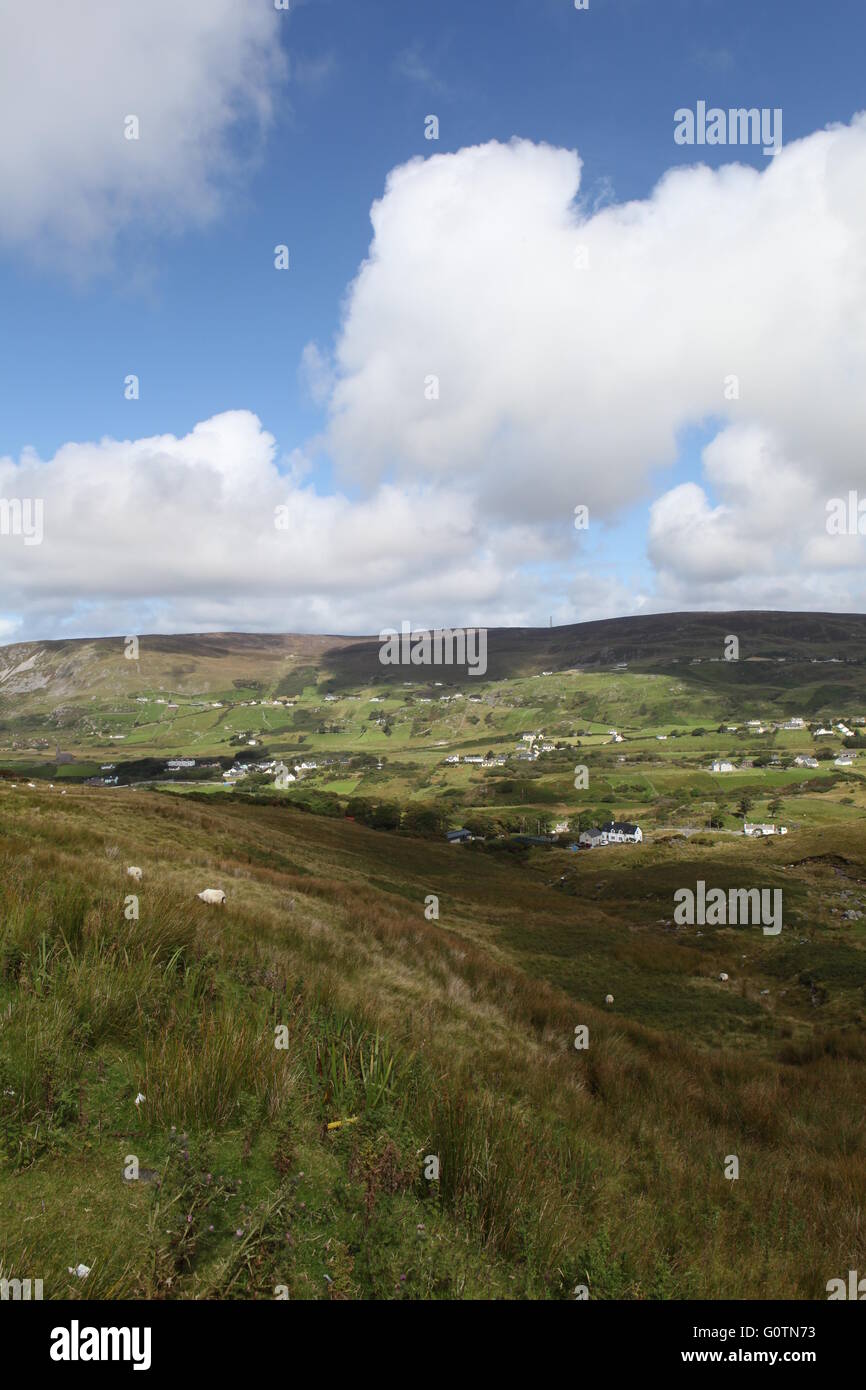 Campagna irlandese con i cieli blu e i campi di Mayo, Irlanda Foto Stock