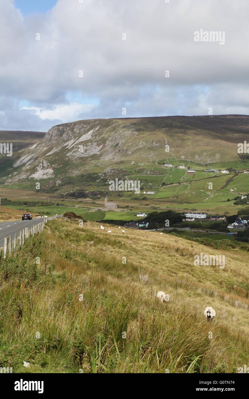Campagna irlandese con i cieli blu e i campi di Mayo, Irlanda Foto Stock