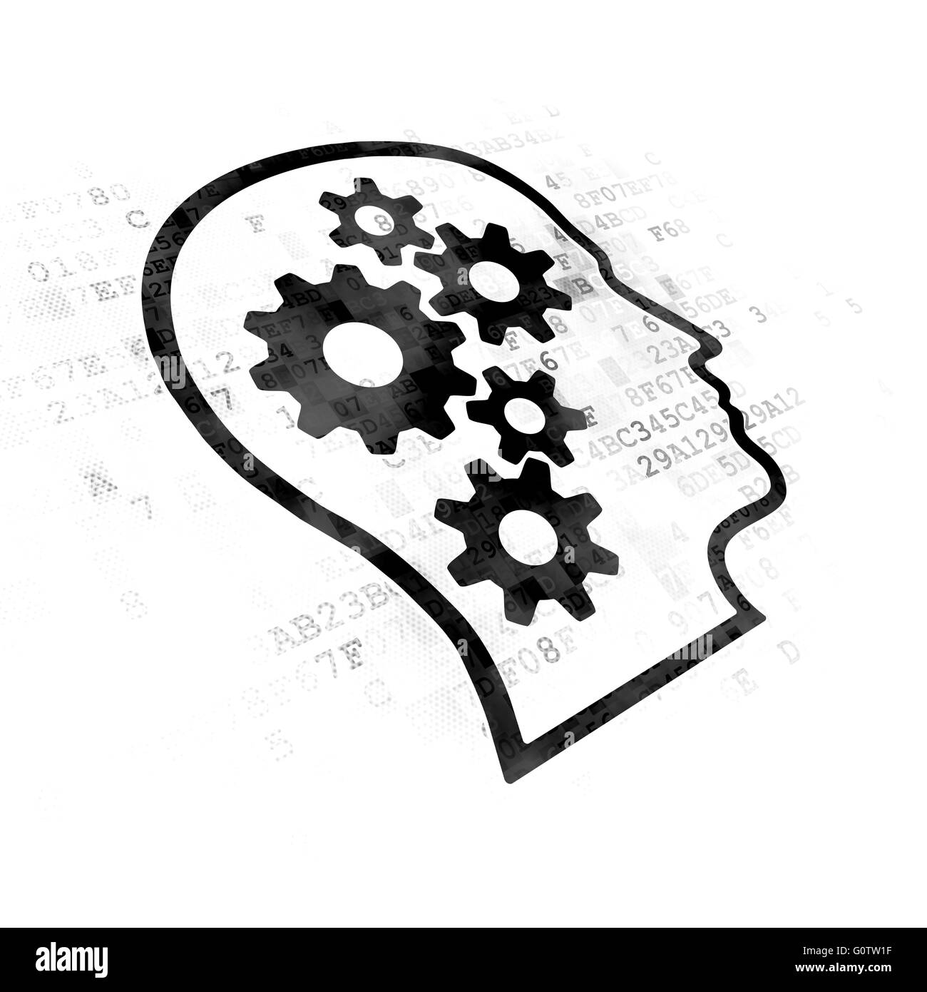 Concetto di dati: Testa con ingranaggi su sfondo digitale Foto Stock