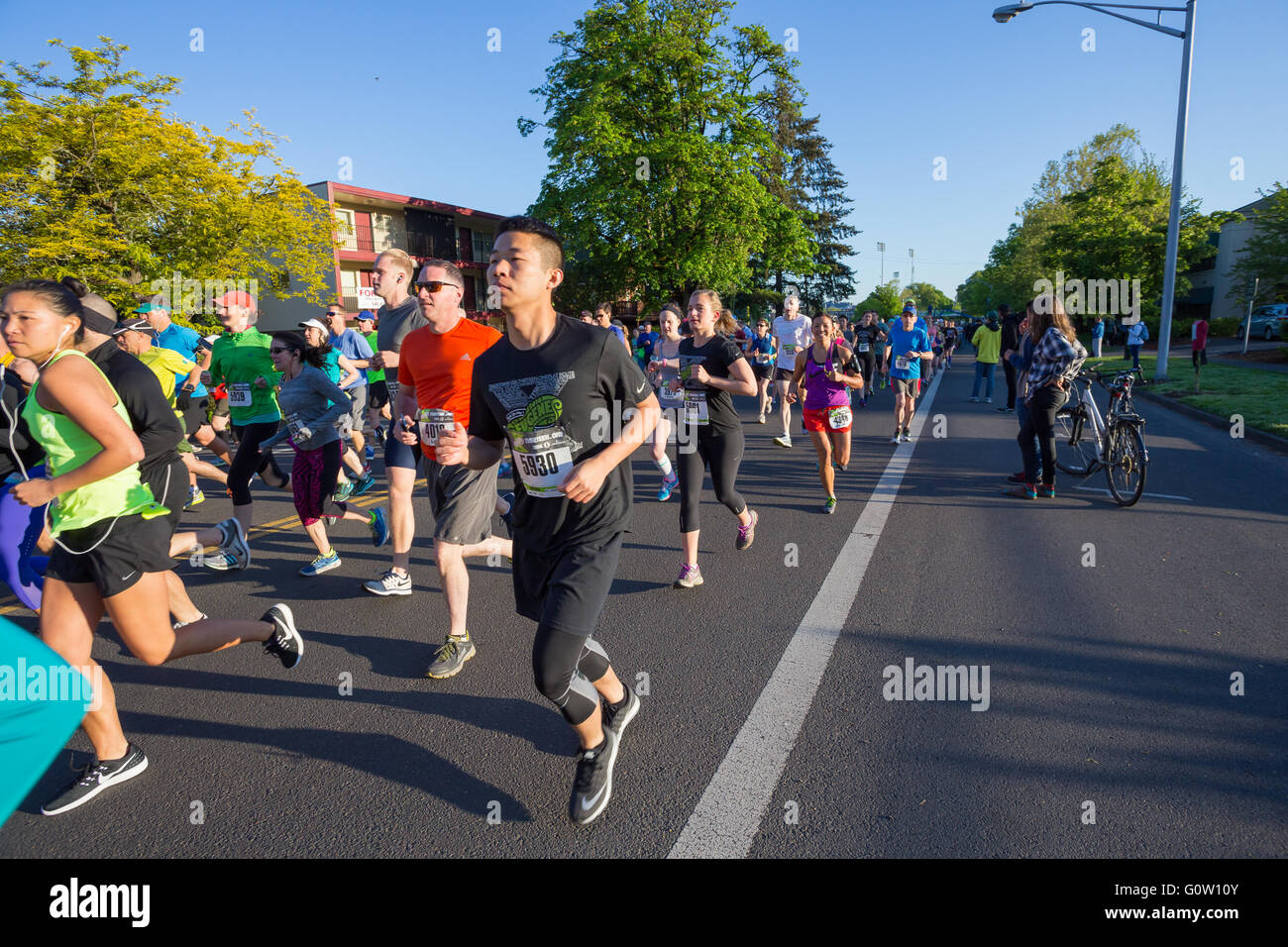 EUGENE, o - 1 Maggio 2016: Guide in un pacco all'inizio del 2016 Eugene Marathon, un Boston qualificazione. Foto Stock