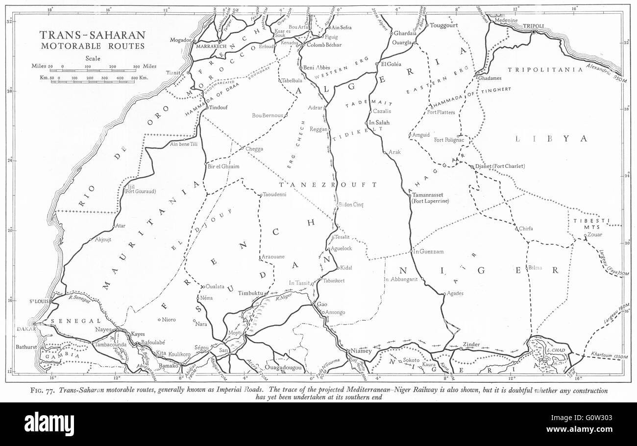 AFRICA: Trans-Sahara Imperial Road Mediterranean-Night previsto dalla stazione ferroviaria, 1943 Mappa Foto Stock