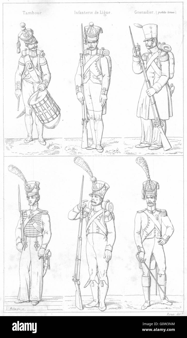 Francia: Militaria: il batterista, truppe Granatiere, Marine; Voltigeur; Officer, 1875 Foto Stock