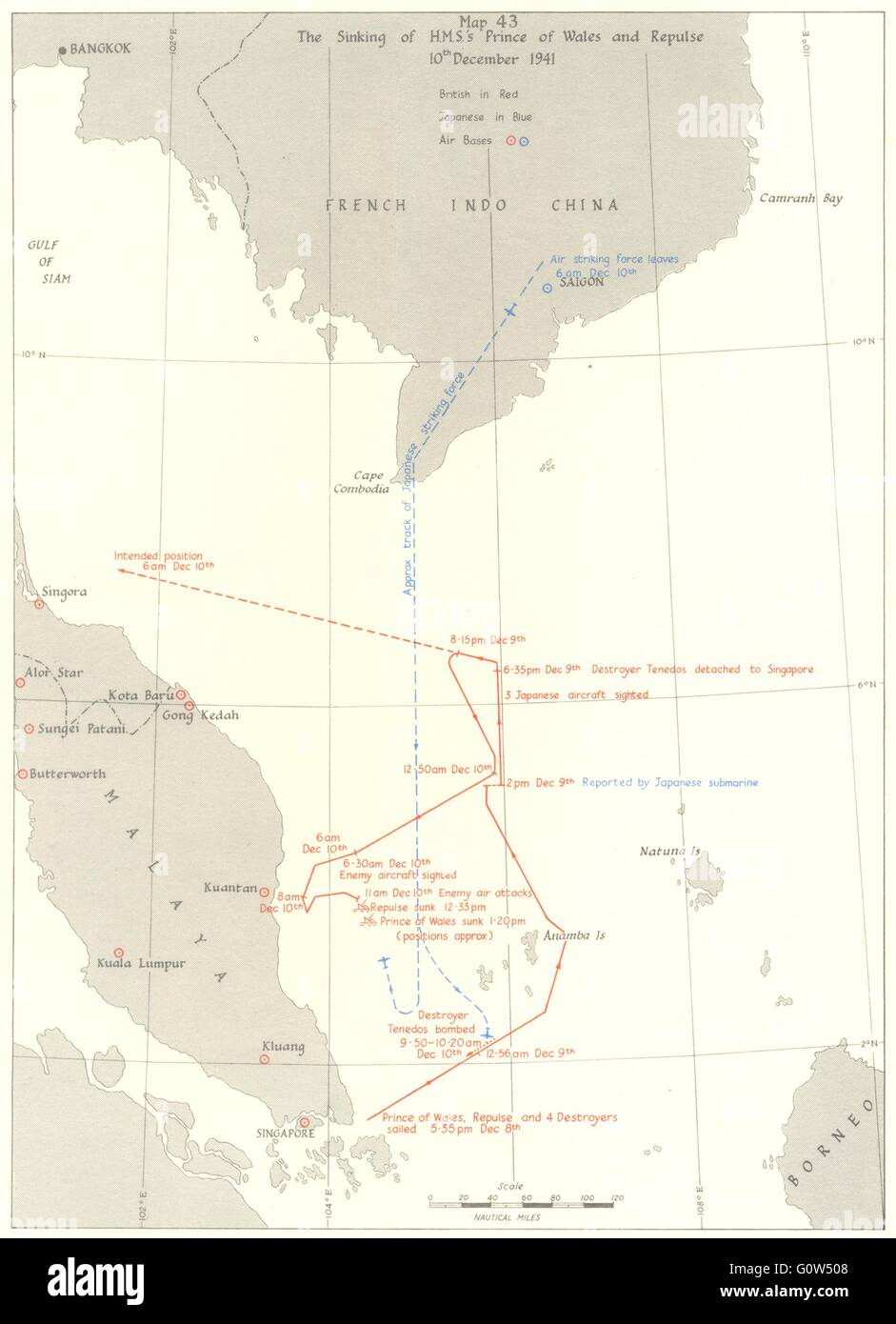 MALAYSIA: Affondamento della HMS il Principe di Galles & Repulse, decimo Dec 1941, 1954 mappa vecchia Foto Stock