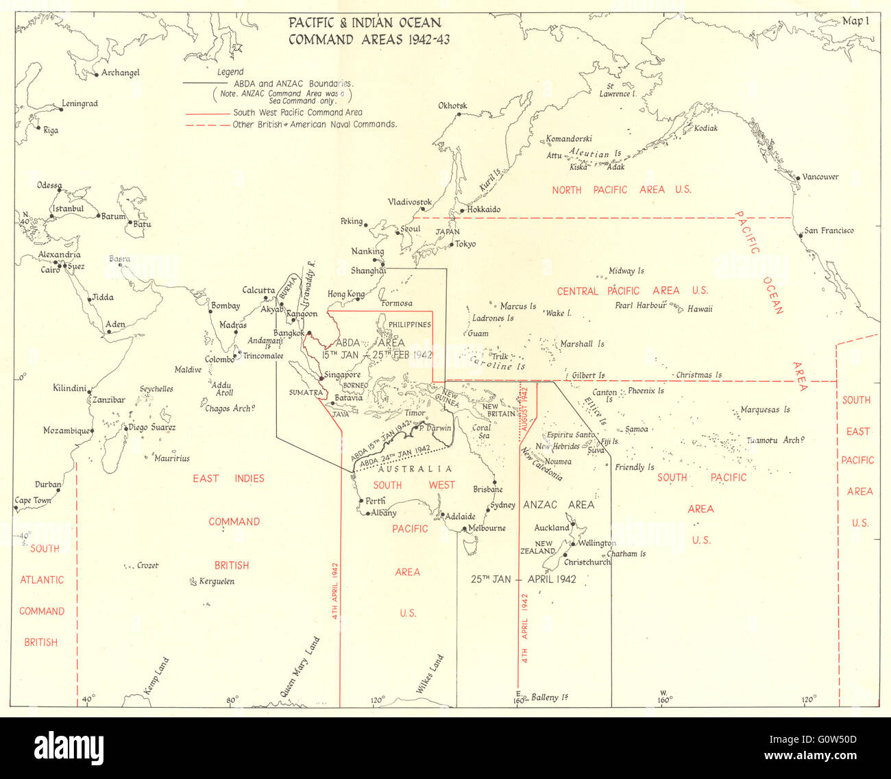 Pacifico e nell'Oceano Indiano: aree di comando 1942-43, 1956 Vintage map Foto Stock