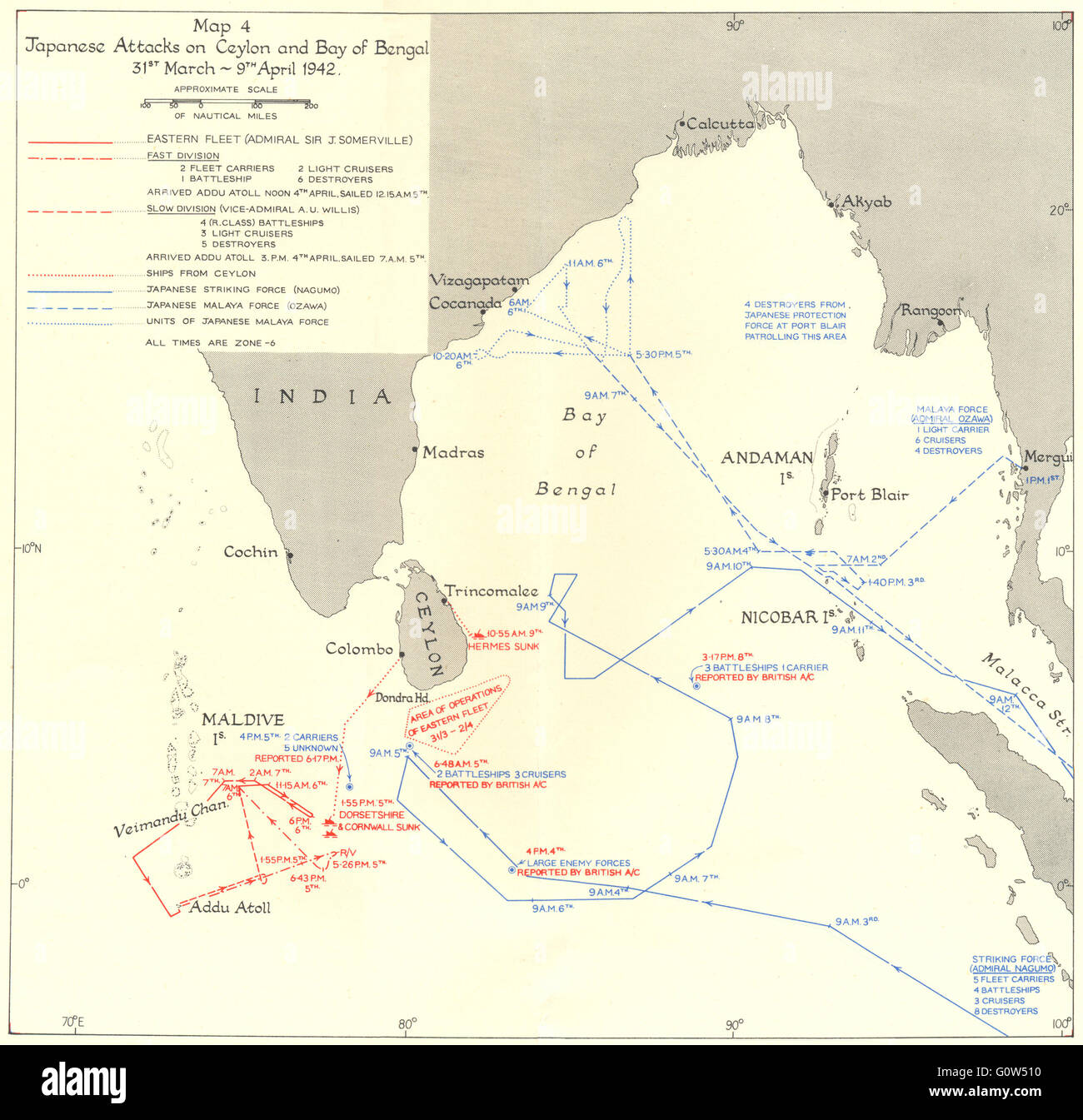 SRI LANKA: attacchi giapponesi, Sri Lanka & Baia del Bengala March-Apr 1942, 1956 Mappa Foto Stock
