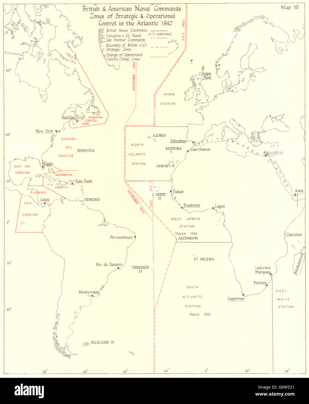 Battaglia dell'ATLANTICO: British US Naval zone di comando 1942, 1956 Vintage map Foto Stock