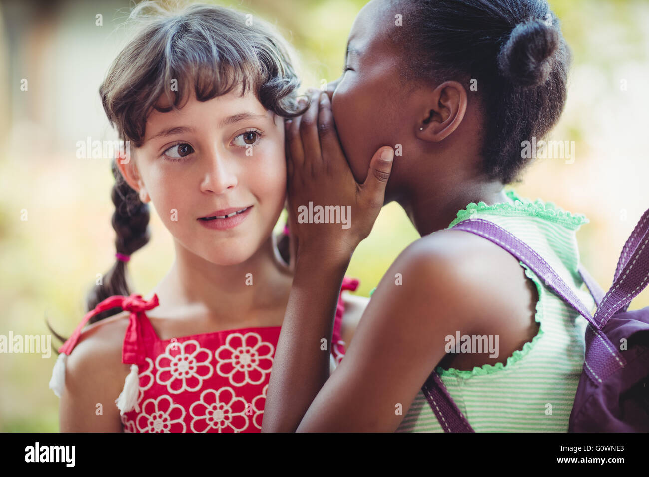 Ragazza raccontando un segreto per il suo amico Foto Stock