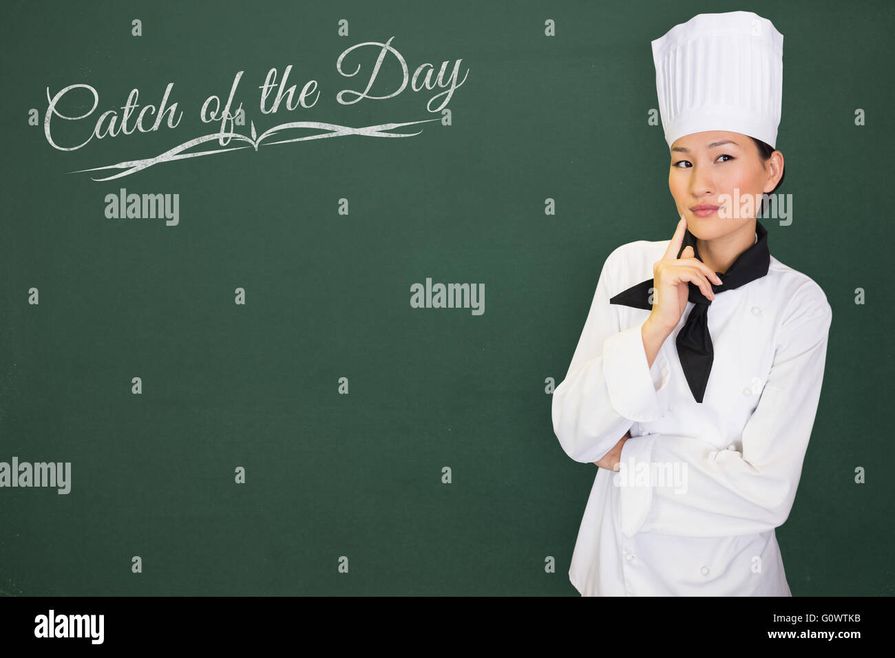 Immagine composita del ritratto di pensosa cuoca in cucina Foto Stock