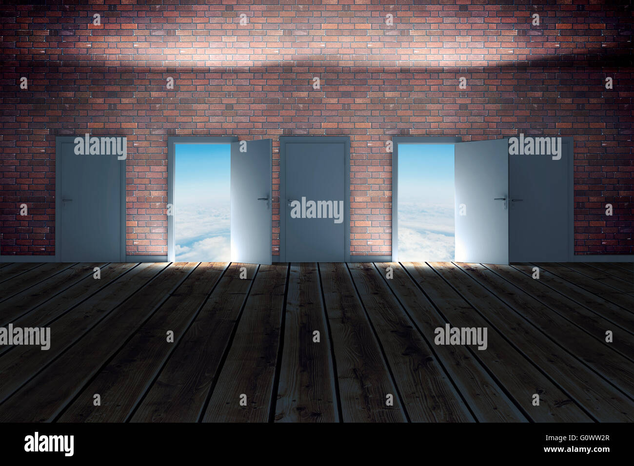 Immagine composita di porte con apertura in camera oscura per mostrare sky Foto Stock