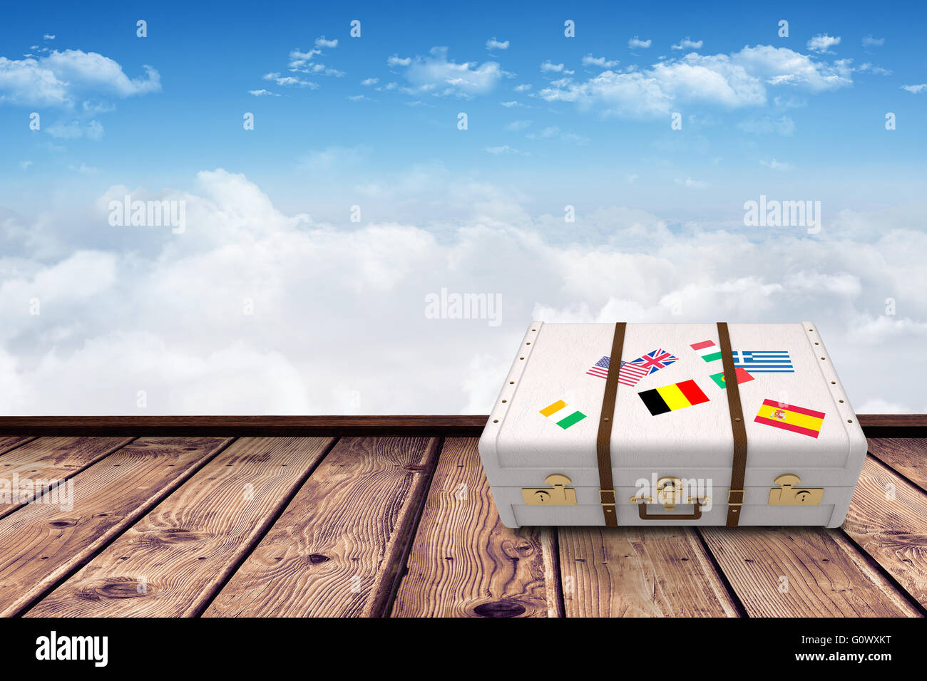 Immagine composita della valigia con adesivi Foto Stock