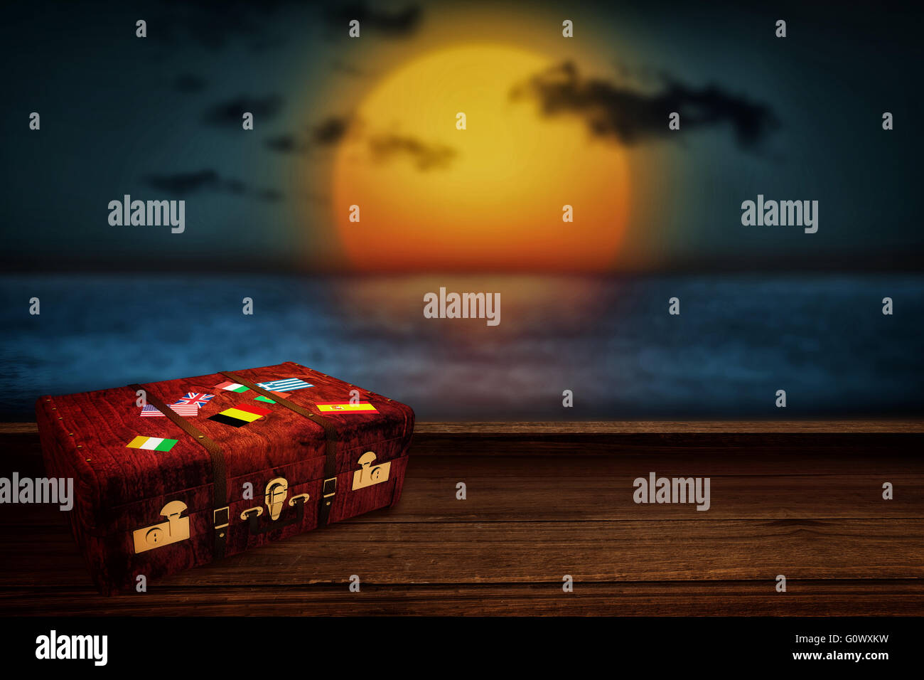 Immagine composita della valigia con adesivi Foto Stock