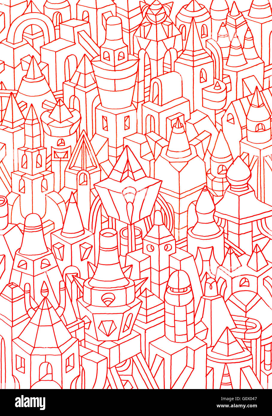 Colore rosso schizzo di angusti edifici/case, disegno di forma geometrica, che rappresenta una città Foto Stock