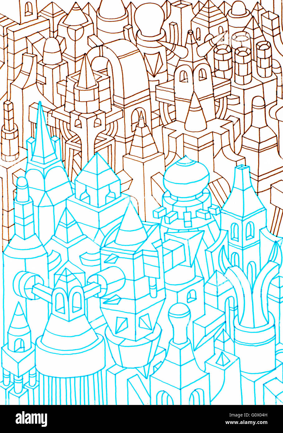 Due colori schizzi di angusti edifici/case, disegno di strutture geometriche, che rappresenta una città Foto Stock