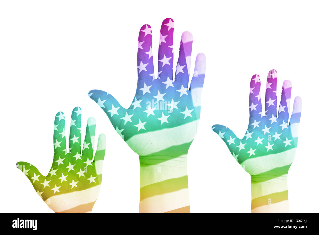 Gay elettori ad alzare la mano Foto Stock