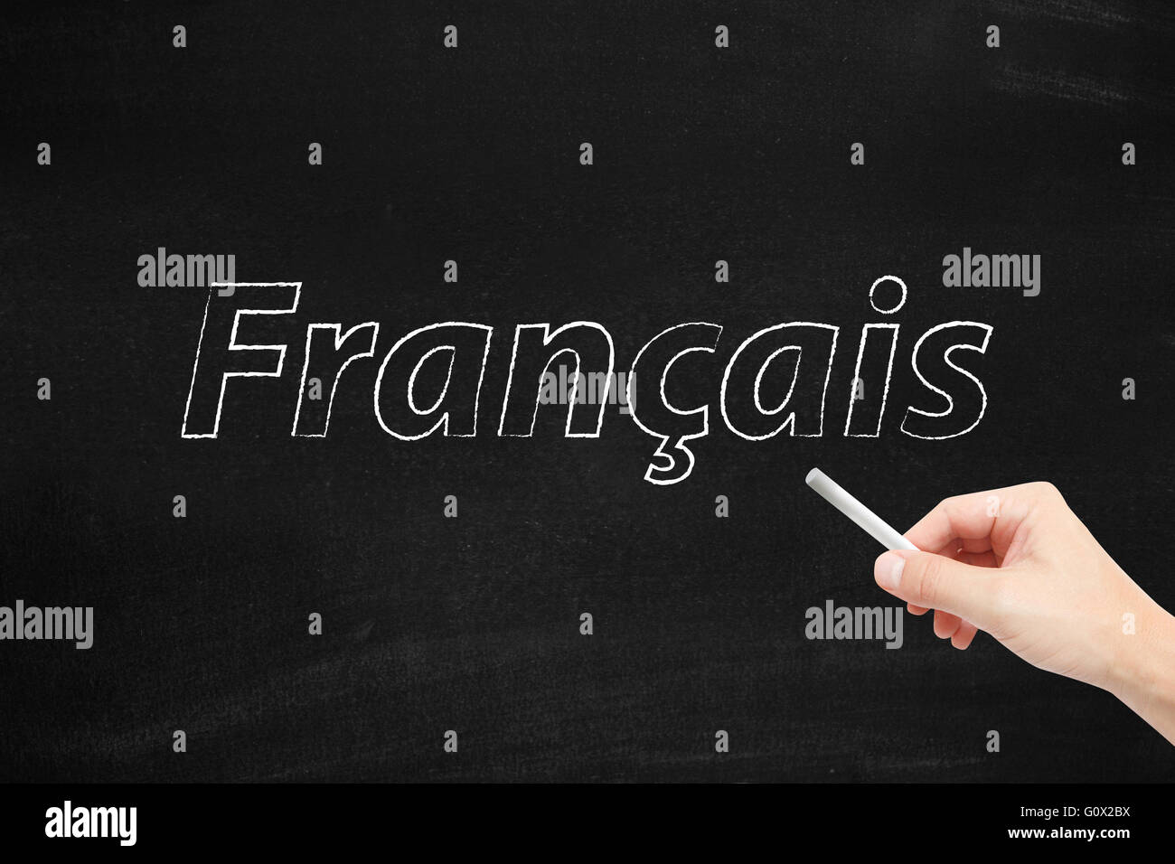 La lingua della Francia, Francais, scritta su una lavagna Foto Stock
