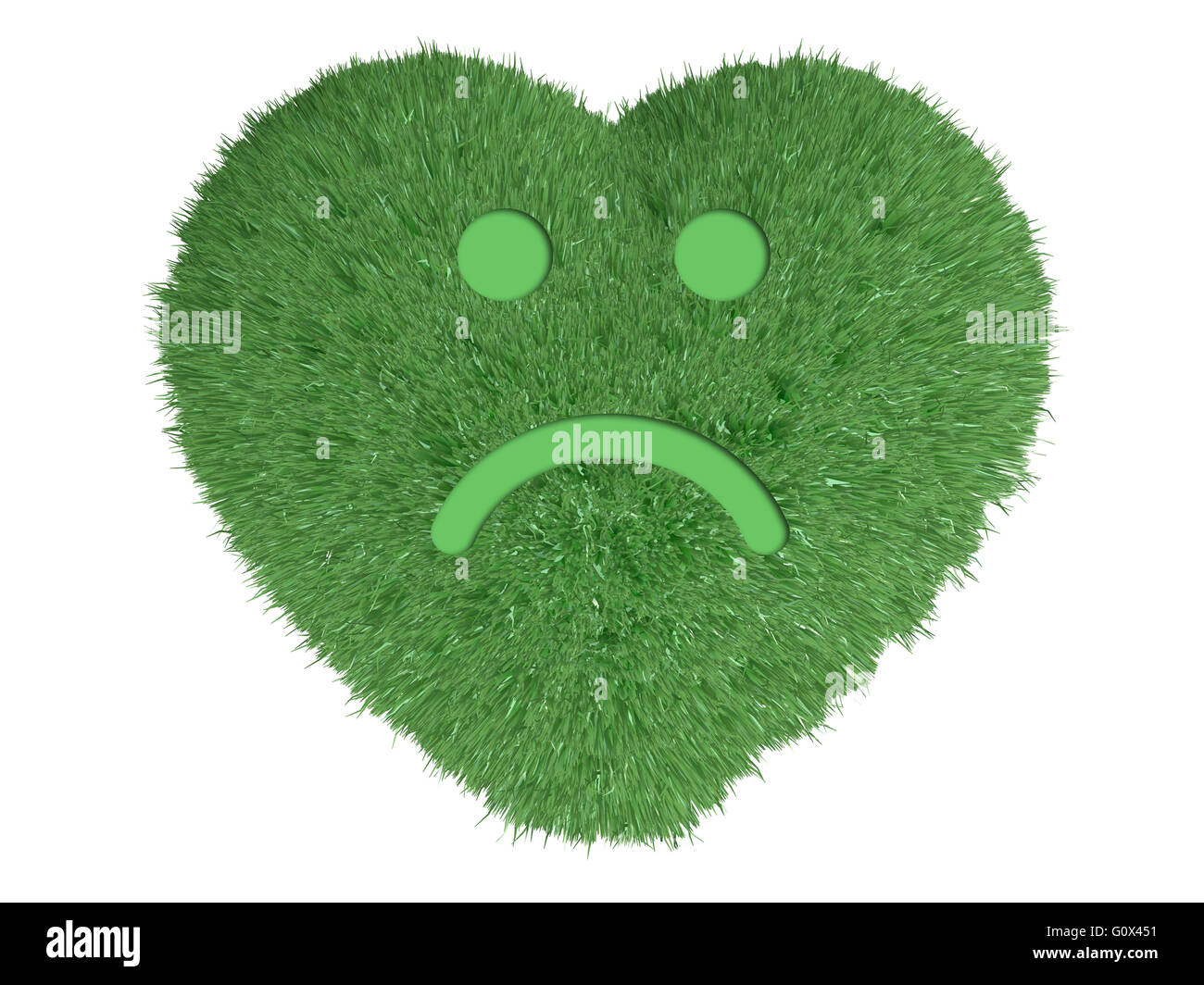 Cuore realizzato con erba verde e un triste sorriso su di lui, 3d illustrazione Foto Stock