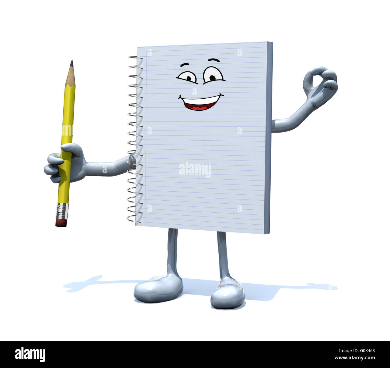 Vuoto il blocco note a spirale con il viso, le braccia, gambe e una matita a portata di mano, 3d illustrazione Foto Stock
