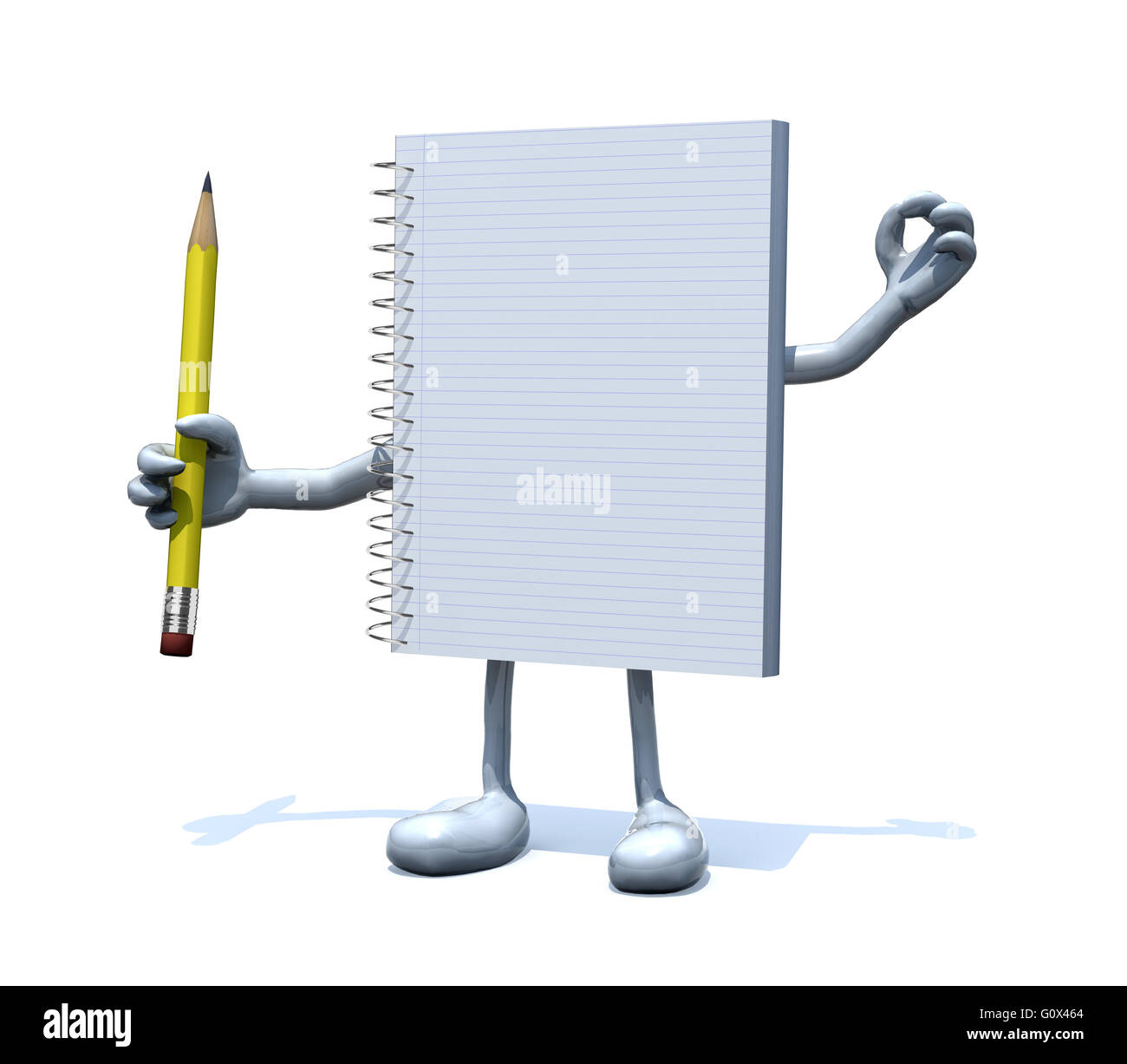 Vuoto il blocco note a spirale con le braccia, le gambe e una matita a portata di mano, 3d illustrazione Foto Stock