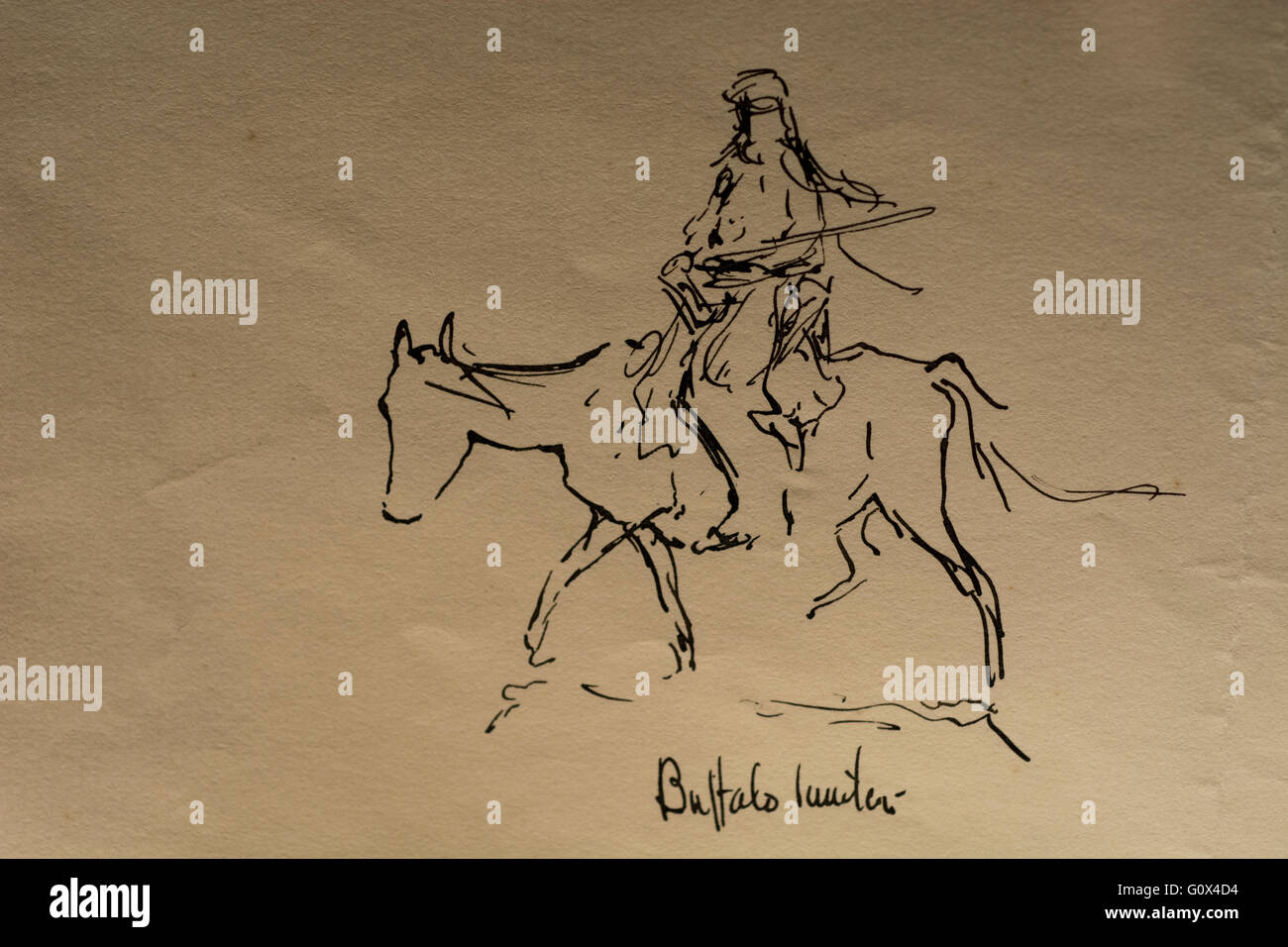 New York, Ogdensburg, Frederic Remington museo. Vintage penna e inchiostro schizzo di Buffalo Hunter.solo uso editoriale. Foto Stock