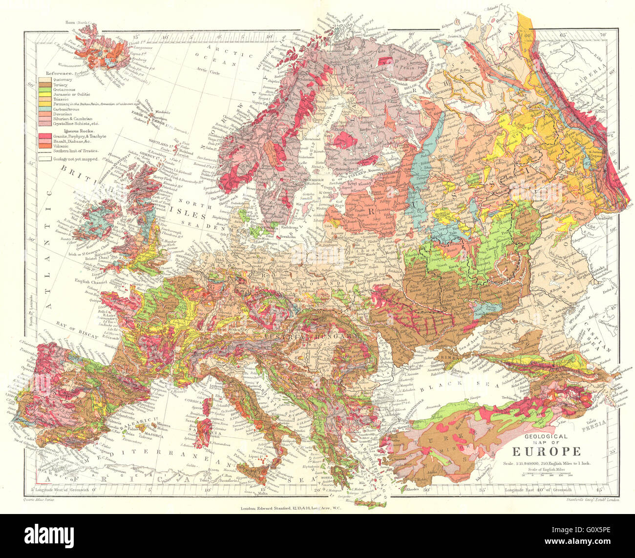 Europa: geologica terziaria Triassico Giurassico Cretaceo &c. STANFORD, 1906 Mappa Foto Stock