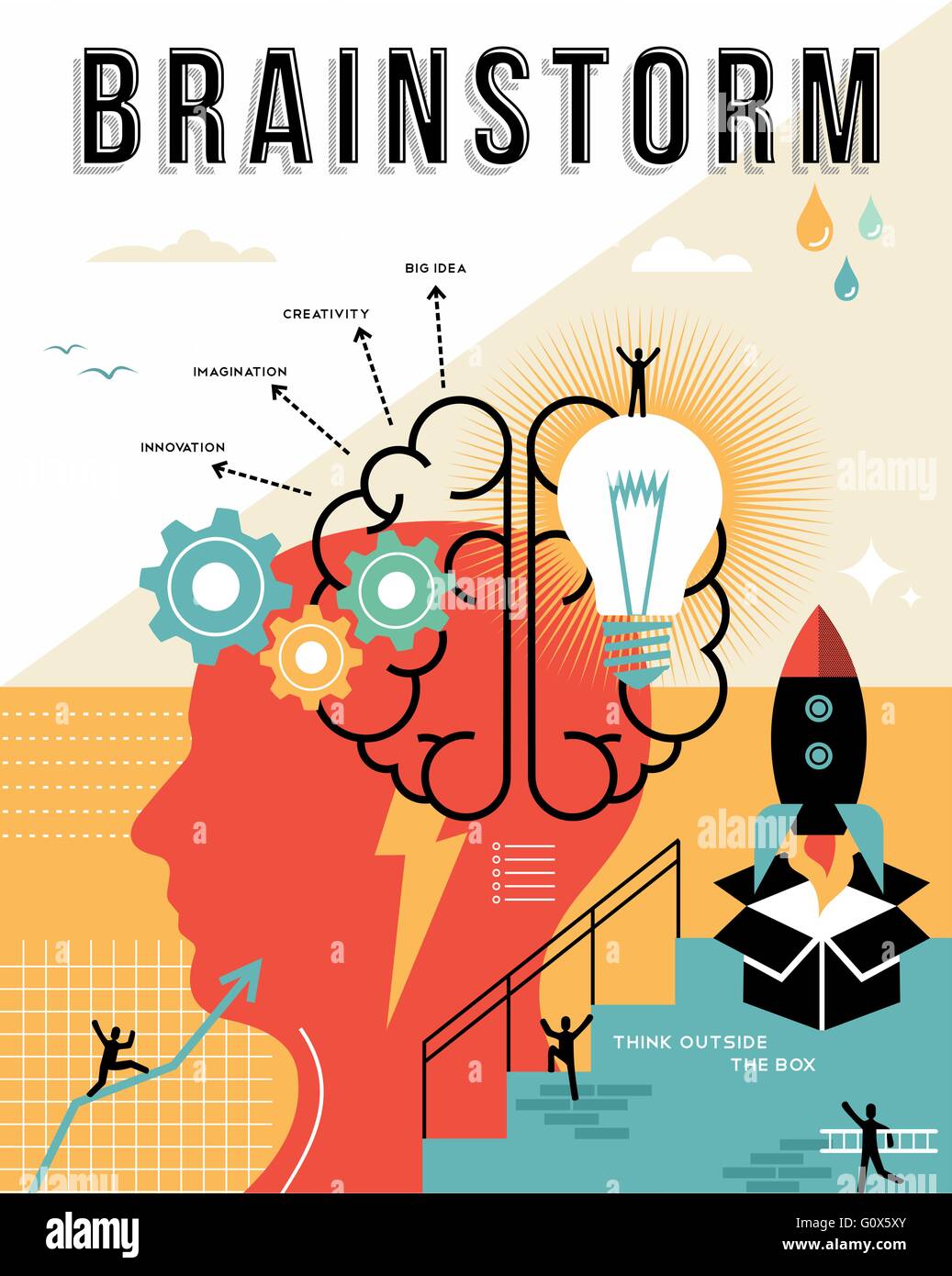 Concetto di brainstorming illustrazione in linea piana arte con gli elementi di lavoro, laterale il pensiero creativo design ideale per poster Illustrazione Vettoriale