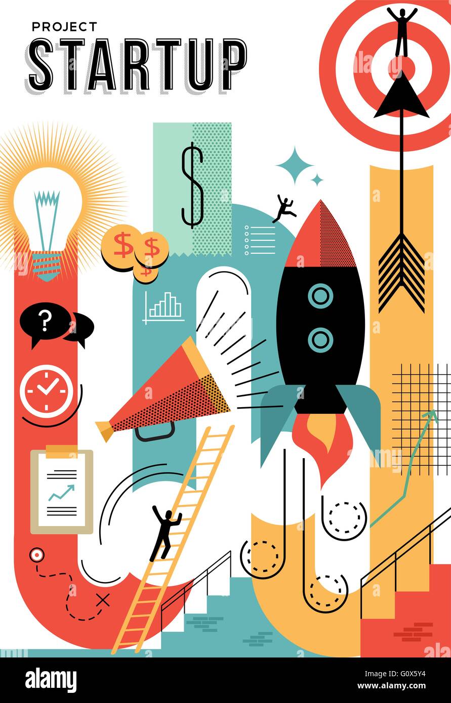 Attività di avvio del progetto concept design piatto contorno di arte, di stile moderno e alla moda di elementi connessi al successo nel luogo di lavoro. Illustrazione Vettoriale