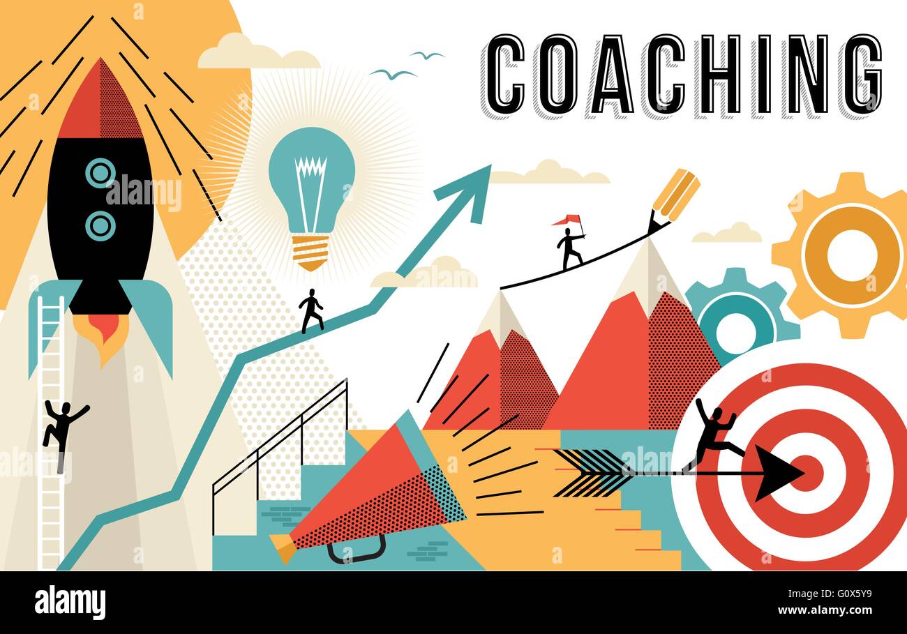 Concetto di coaching illustrazione, per raggiungere i vostri obiettivi di business al lavoro. Arte piana delineare gli elementi di stile legati al lavoro di successo. Illustrazione Vettoriale