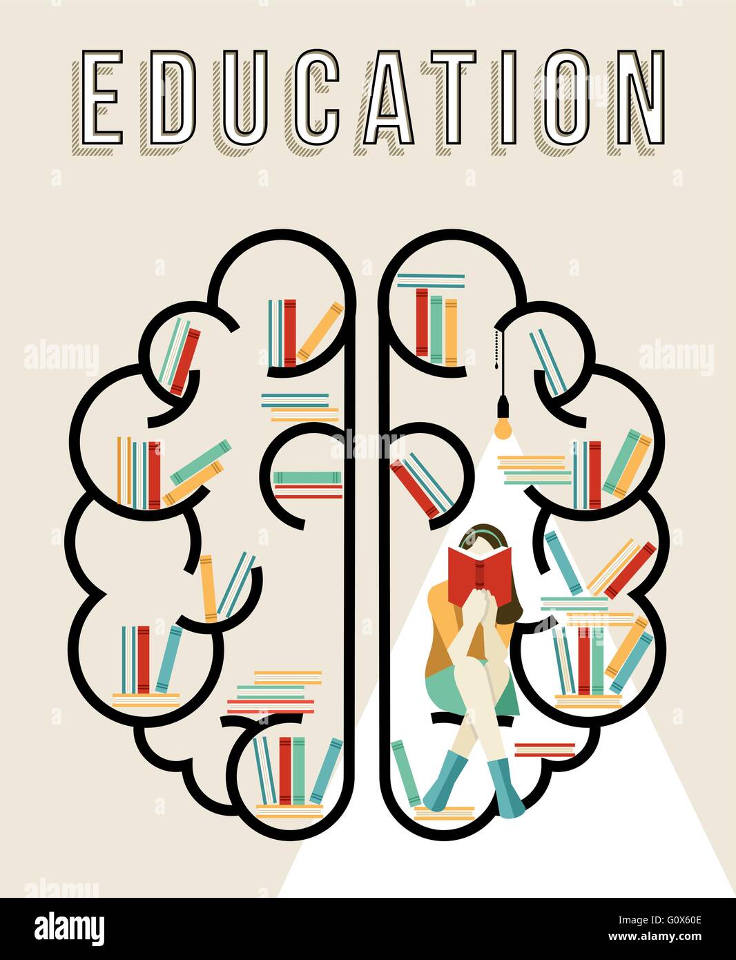 Istruzione concept design, illustrazione del cervello nella piana di stile arte ragazza con la lettura di libri all'interno. EPS10 vettore. Illustrazione Vettoriale