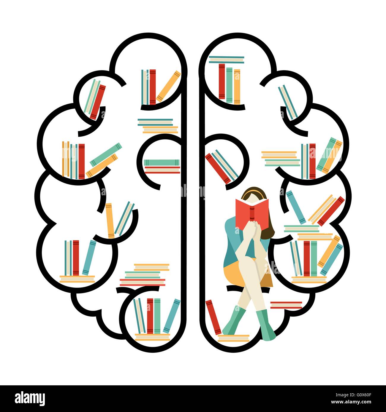 Concetto illustrazione del cervello in linea piana di stile arte con libreria Libri e lettura della ragazza all'interno. EPS10 vettore. Illustrazione Vettoriale