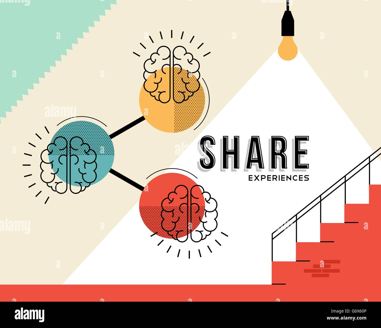 Condividere esperienze, concept design di cervelli umani con elementi rétro in moderno stile d'arte. EPS10 vettore. Illustrazione Vettoriale