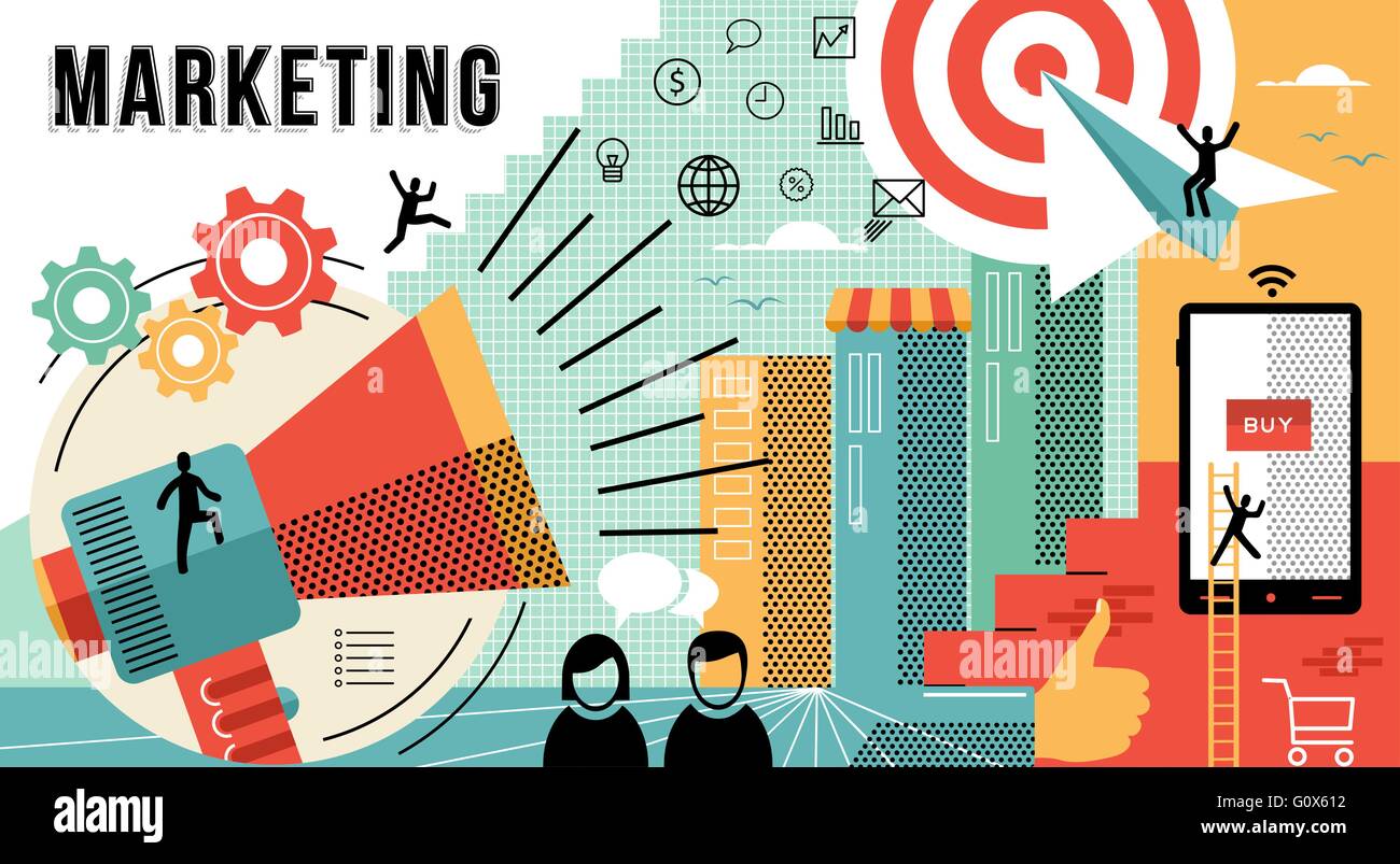 Online marketing business illustrazione con disegni moderni in linea piana di stile arte che mostra come raggiungere gli obiettivi di lavoro. EPS10 Illustrazione Vettoriale