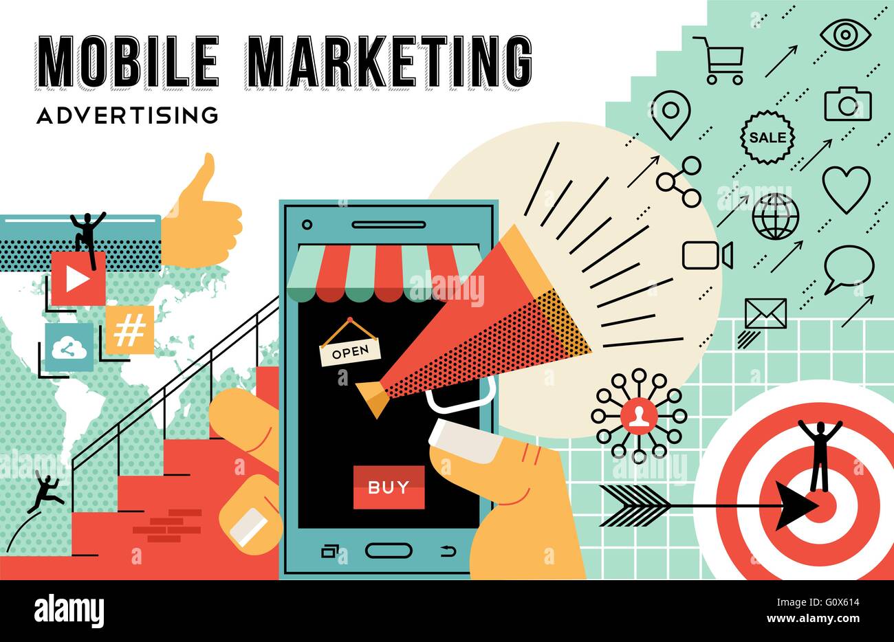 Mobile Marketing concetto illustrazione, per raggiungere i vostri obiettivi di business nella pubblicità. Arte piana delineare gli elementi di stile. EPS vettore10 Illustrazione Vettoriale