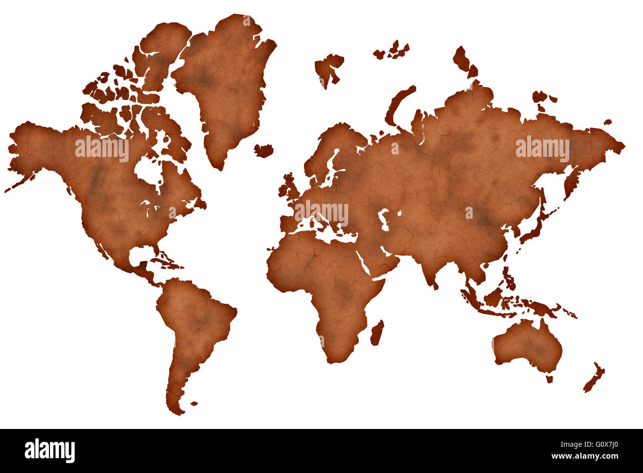 Vecchio vintage oscurato carta marrone mappa del mondo isolati su sfondo bianco Foto Stock