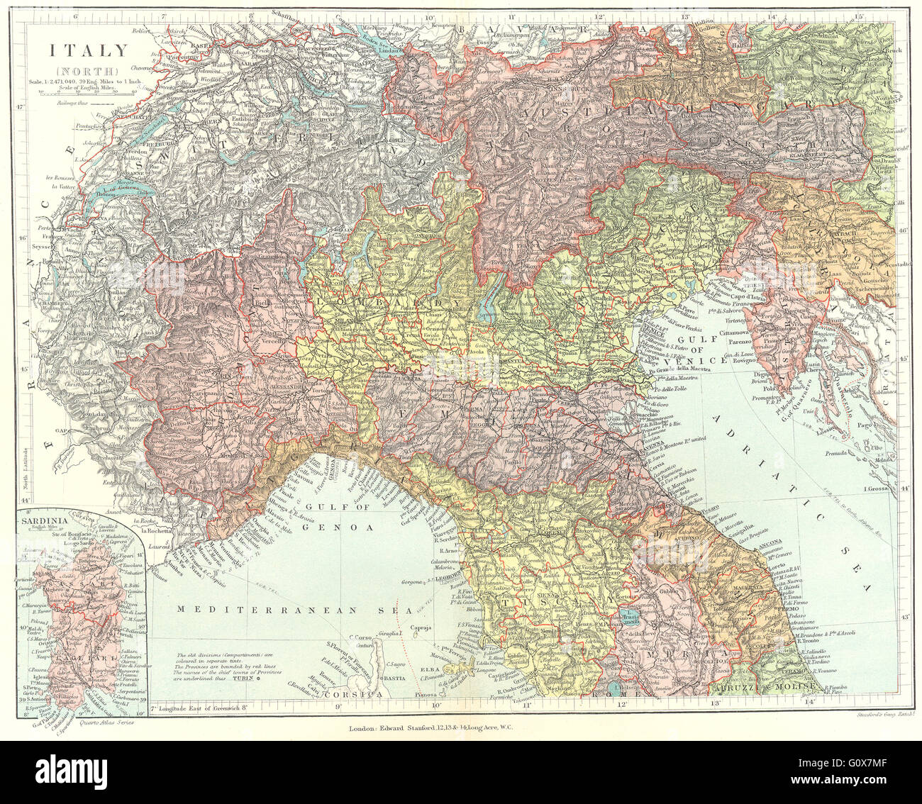 Nord Italia: Mostra province e compartmenti. STANFORD, 1906 Mappa antichi Foto Stock