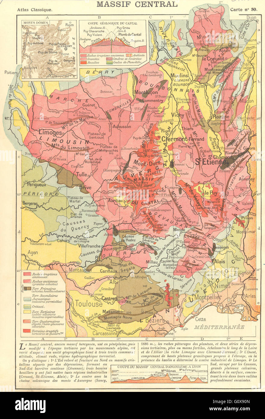CANTAL: Massiccio Centrale; mappa di Monts cupole; Coupe Geologique du, 1923 Foto Stock