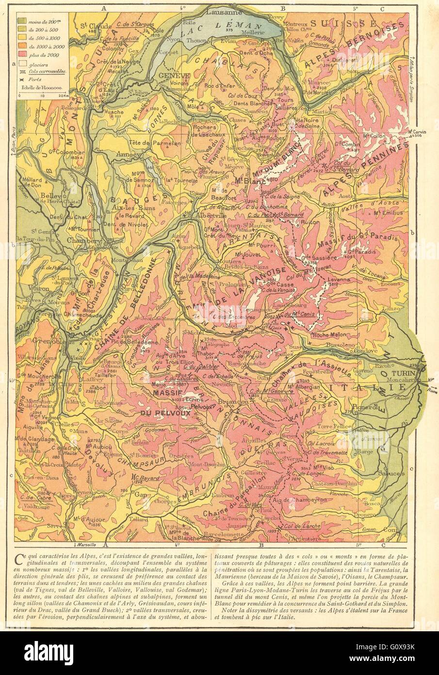 Francia: Hypsometrie des Alpes, 1923 Vintage map Foto Stock