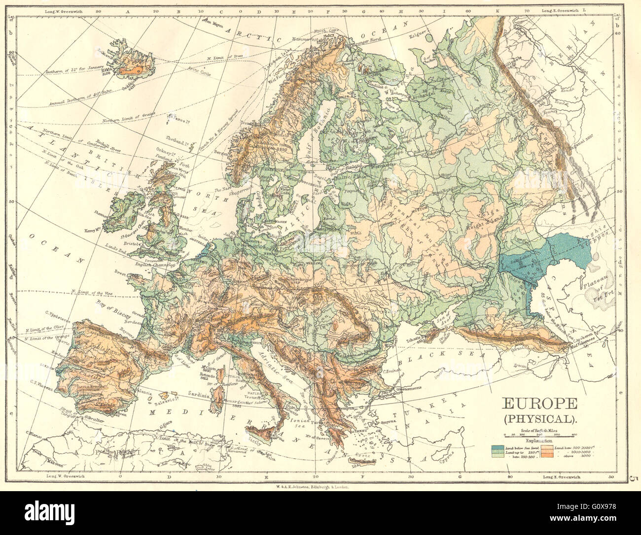 Europa: Europa(fisica), 1897 Mappa antichi Foto Stock