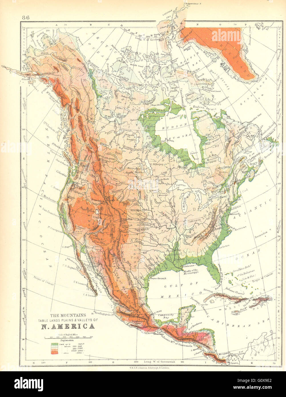 USA: Le montagne tabella terre pianure e valli del nord America, 1897 Mappa antichi Foto Stock
