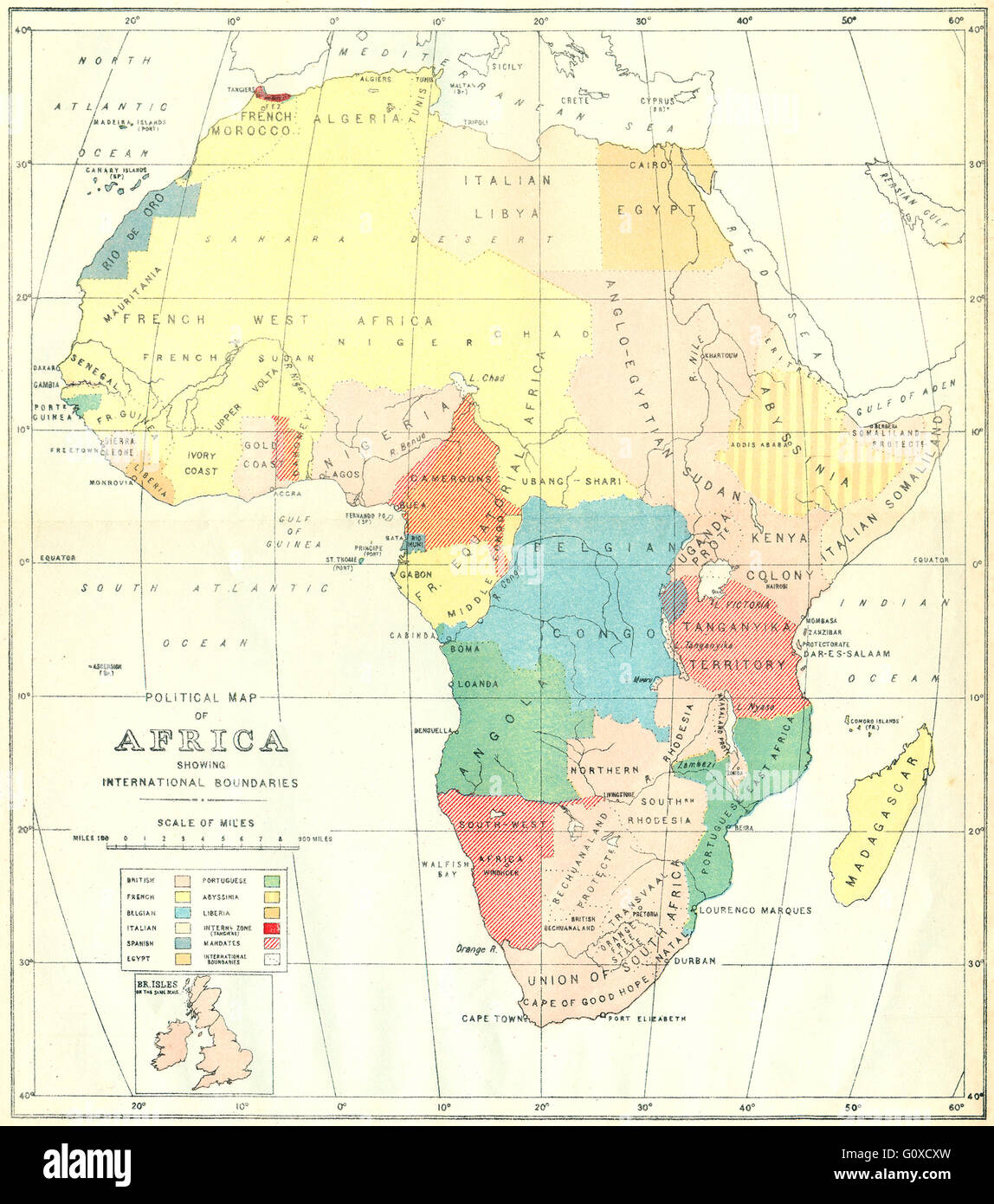 AFRICA: Mappa Politico di mostrare i confini internazionali, 1936 Foto Stock