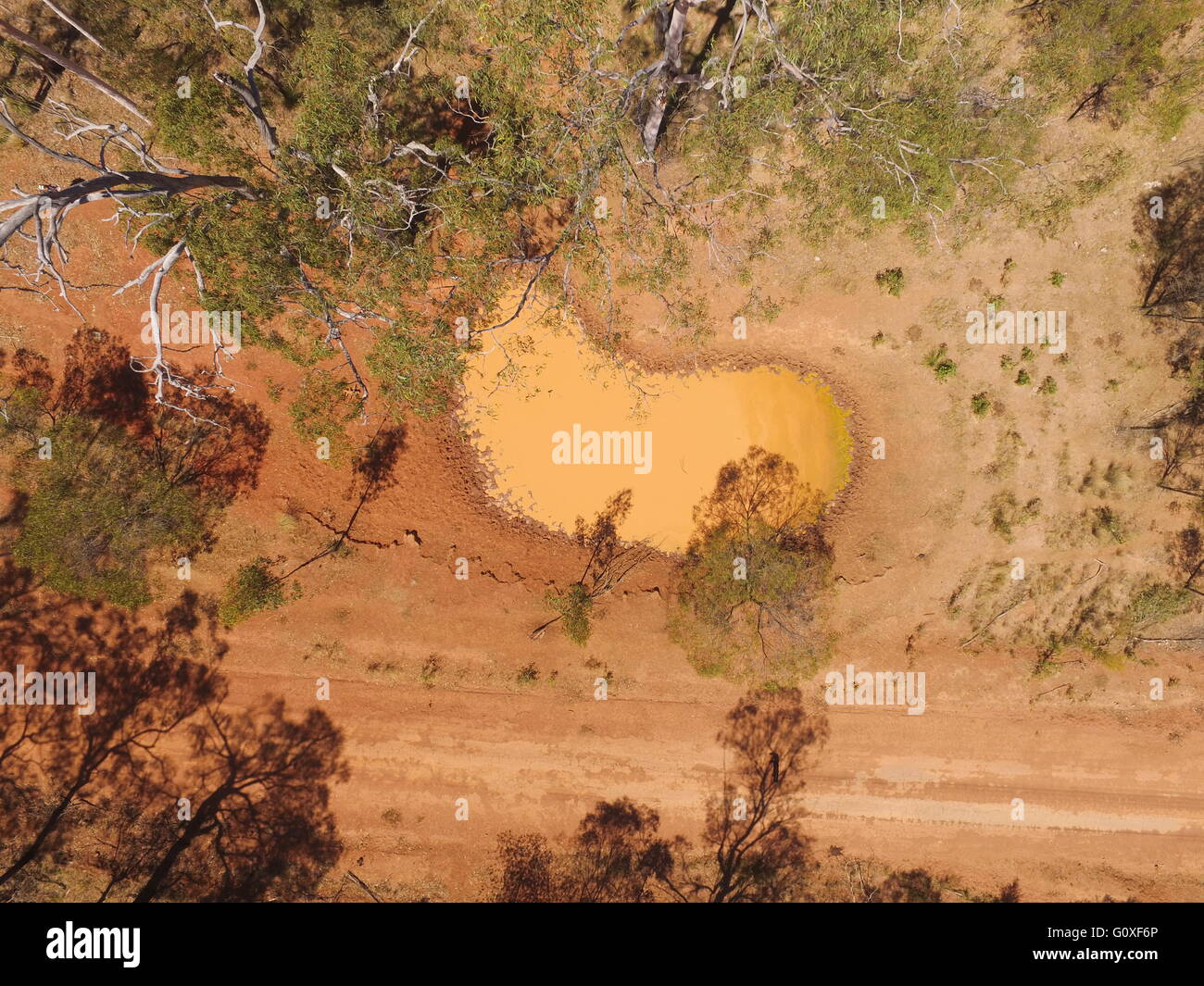 Una veduta aerea di una essiccazione e fangoso stagno fattoria vicino Eidsvold nel nord Burnett regione del Queensland, Australia. Foto Stock