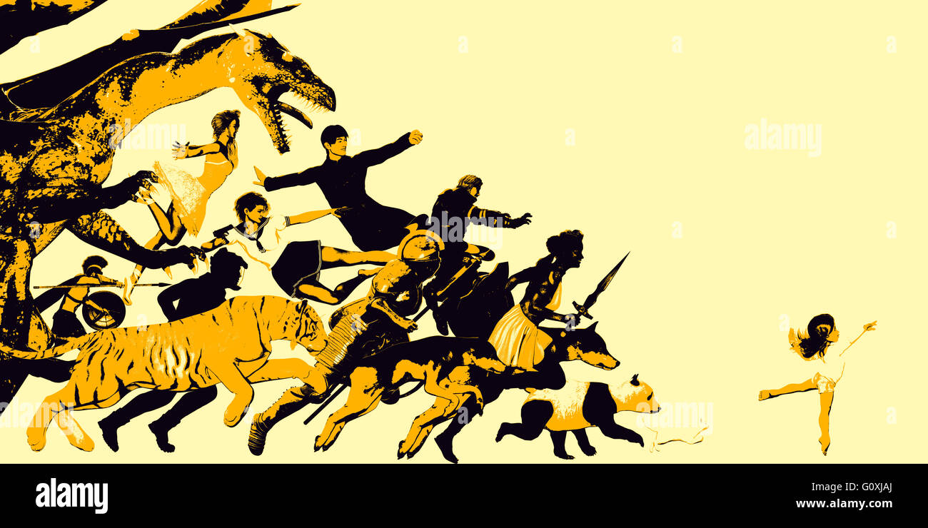 Bambino felice giocando da solo con gli amici immaginari e il mondo Foto Stock