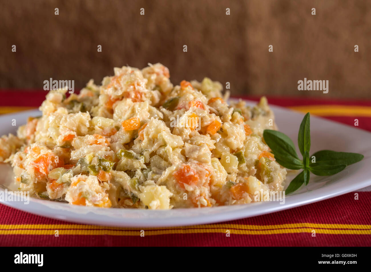 Rumeno tradizionale insalata Boeuf su piastra Foto Stock