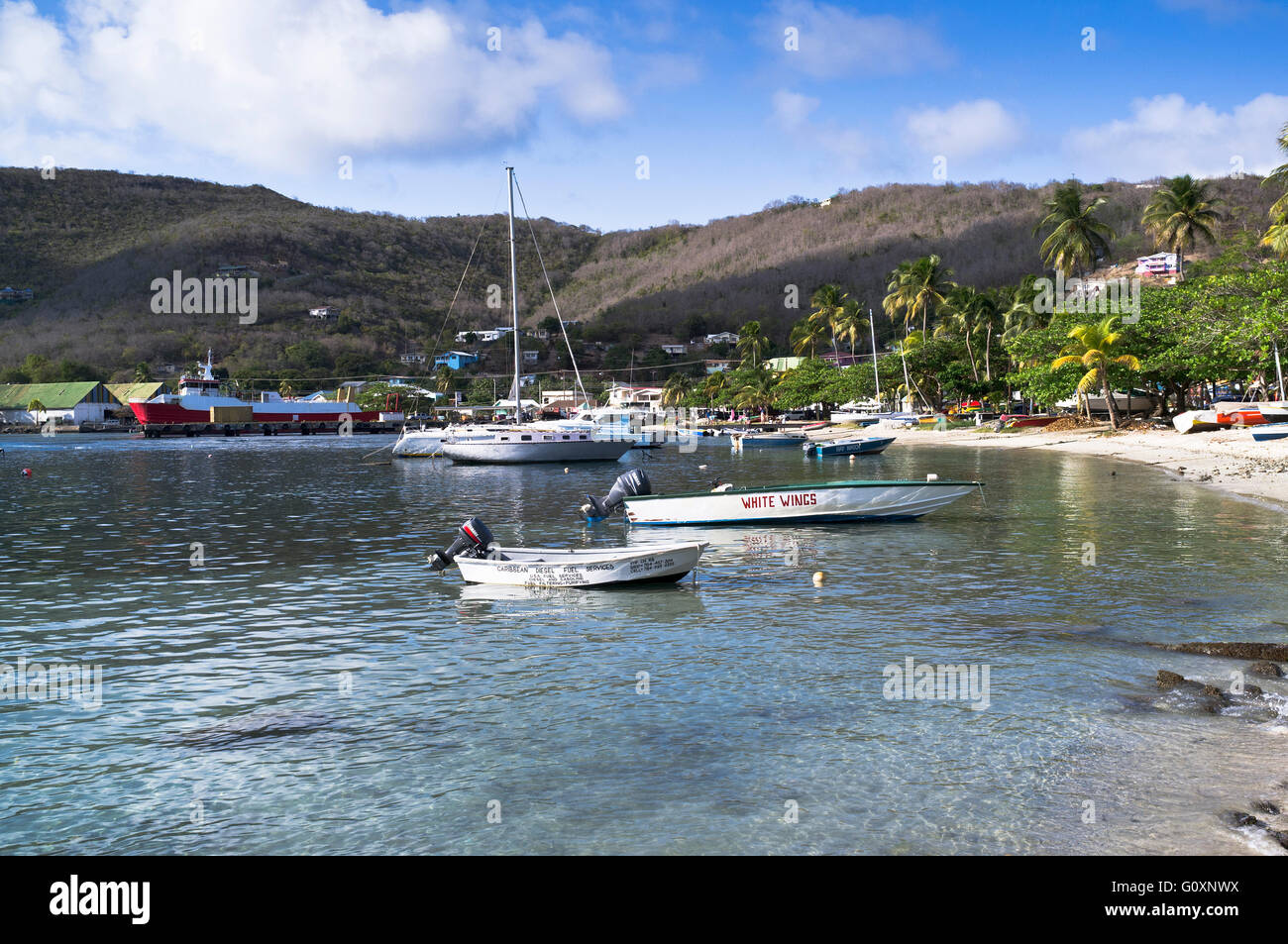 dh Bequia isola Admiralty Bay ST VINCENT GRENADINE ISOLE CARAIBI Barche ancoraggio baia al largo della costa Port Elizabeth grenadines saint Foto Stock