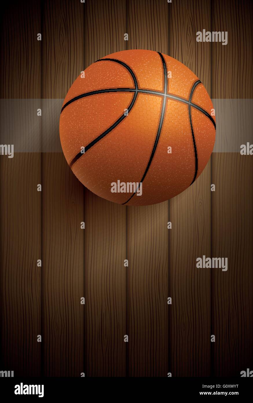 Basket realistica palla sul pavimento in legno. Illustrazione Vettoriale. Illustrazione Vettoriale
