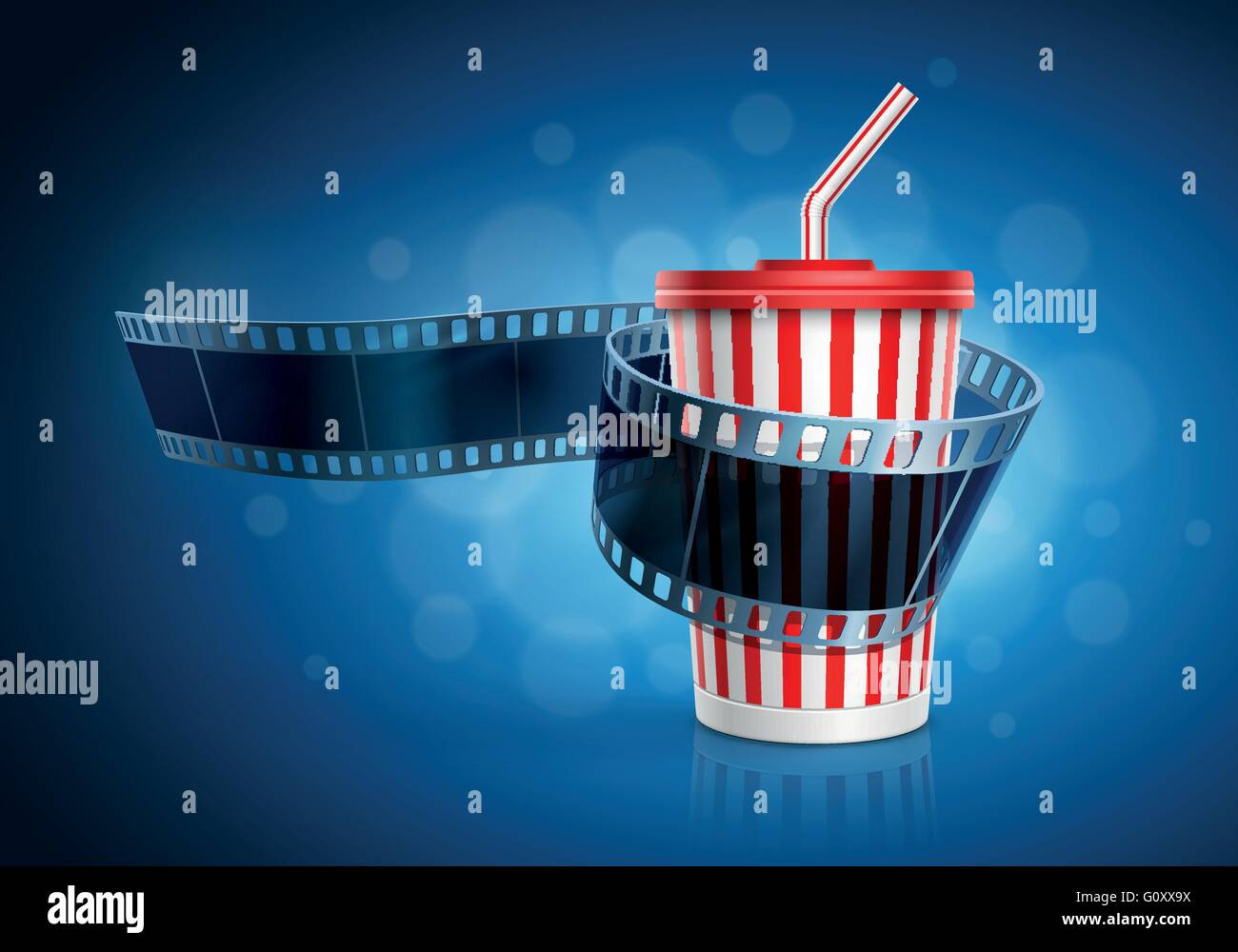 Una pellicola fotografica rotolo e la coppa di cartone con una cannuccia su blu la sfocatura dello sfondo. Illustrazione Vettoriale. Illustrazione Vettoriale