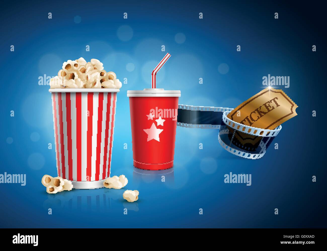 Scatola di popcorn; tazza monouso per bevande con paglia, la striscia del film e del biglietto. Dettagliata illustrazione vettoriale. EPS10 file. Illustrazione Vettoriale