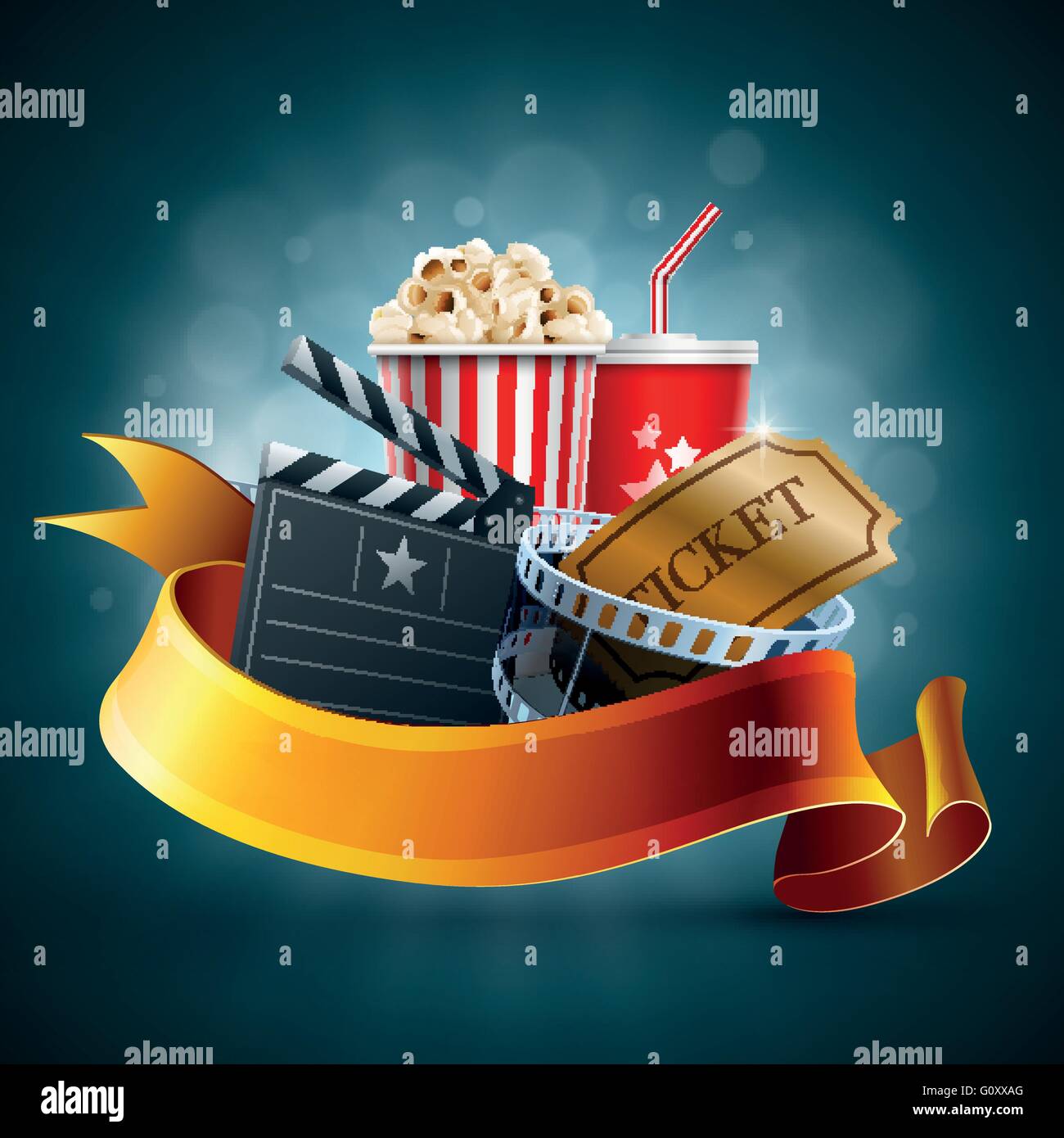 Scatola di popcorn; scup monouso per bevande con paglia, la striscia del film e del biglietto. Dettagliata illustrazione vettoriale. EPS10 file. Illustrazione Vettoriale