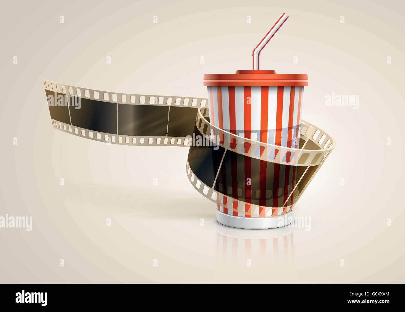 Una pellicola fotografica rotolo e la coppa di cartone con una cannuccia su blu la sfocatura dello sfondo. Illustrazione Vettoriale. EPS10. Illustrazione Vettoriale