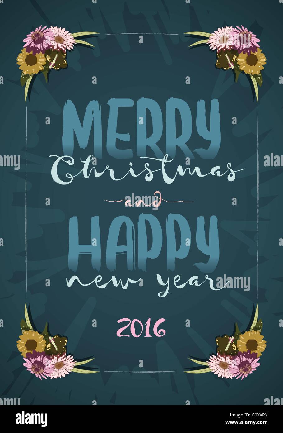 Natale e felice anno nuovo messaggio board con colorati vintage disegnati a mano fiori. Illustrazione Vettoriale