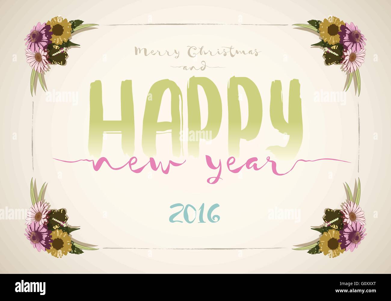Natale e felice anno nuovo messaggio board con colorati vintage disegnati a mano fiori. Illustrazione Vettoriale